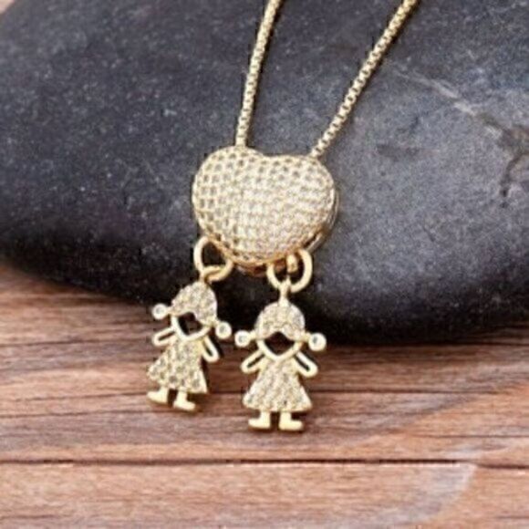 Unbranded Jewelry - Gold Color Cubic Zirconia Family 2 girls Pendant Necklace Copper Chain Jewelry